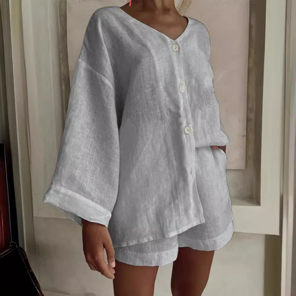 Women's Cotton Linen Shirt & Shorts Set – Long Sleeve, Button, Casual 2-Piece FitiqueFit