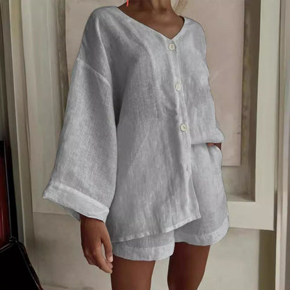 Women's Cotton Linen Shirt & Shorts Set – Long Sleeve, Button, Casual 2-Piece FitiqueFit