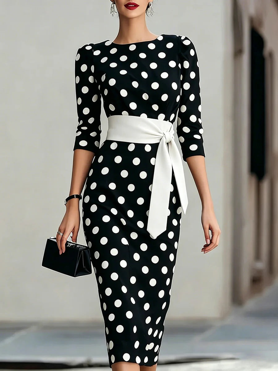 Women's Retro Polka-Dot Bodycon Midi Dress – Belted Cross-Tie FitiqueFit