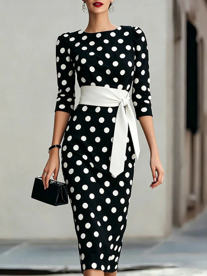 Women's Retro Polka-Dot Bodycon Midi Dress – Belted Cross-Tie FitiqueFit