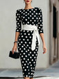 Women's Retro Polka-Dot Bodycon Midi Dress – Belted Cross-Tie FitiqueFit