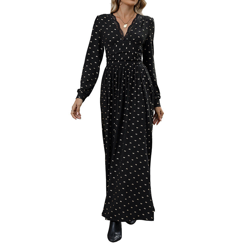 Elegant Retro Lace V-neck Bow Print Dress Grayceful LLC