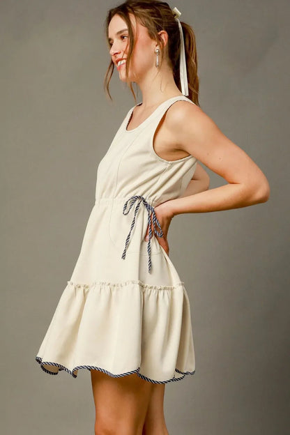 Umgee Frill Drawstring Waist Round Neck Mini Tank Dress West2East Surf