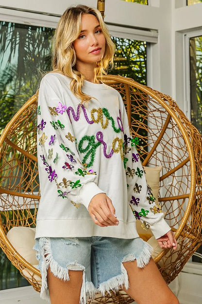 BiBi Fleur De Lis Sleeve Mardi Gras Pullover FitiqueFit