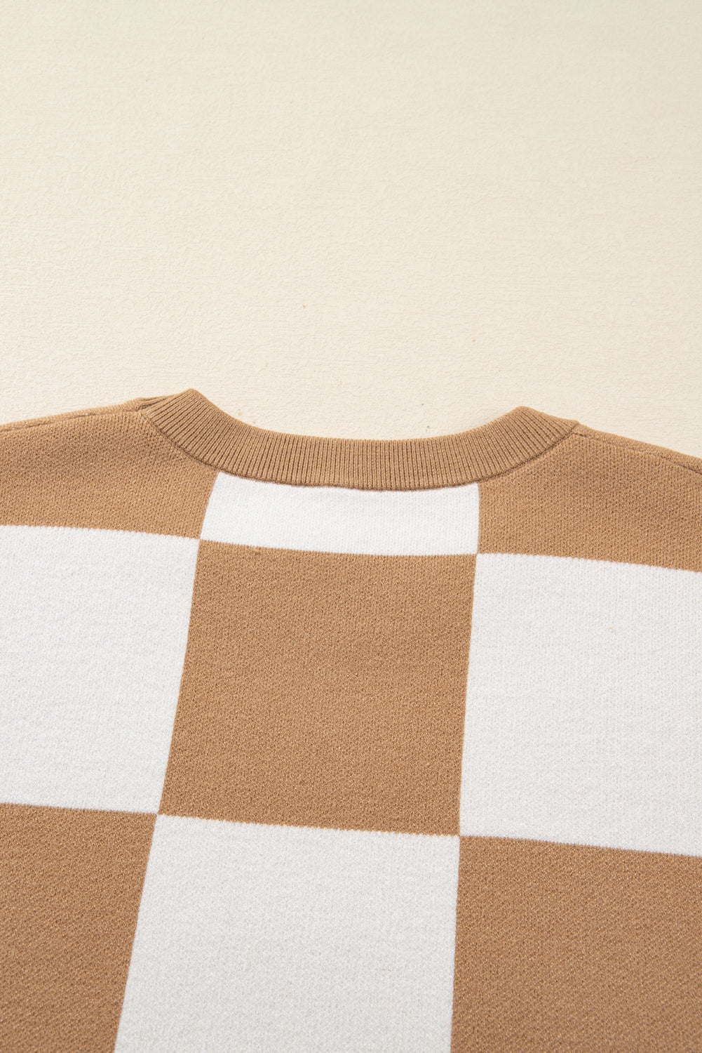 Light French Beige Plus Size Checkered Pattern Knit Short Sleeve Sweater Garden Naked Curves