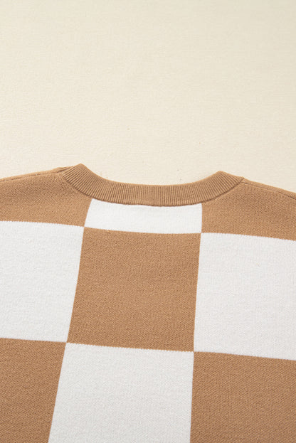 Light French Beige Plus Size Checkered Pattern Knit Short Sleeve Sweater Garden Naked Curves