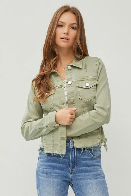 RISEN Full Size Raw Hem Button Up Cropped Denim Jacket Plus Size West2East Surf