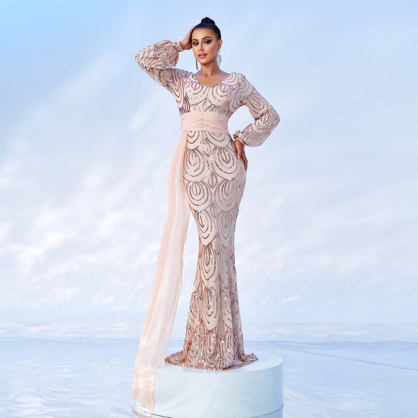Long Sleeve Sexy Long Sequined V-neck Banquet Ribbon Evening Dress Grayceful LLC
