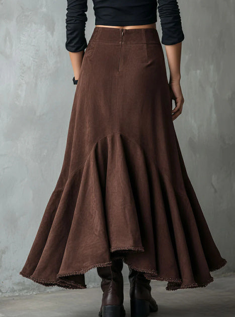 Western Brown High-Low Eco Suede Ruffle Maxi Skirt Grayceful LLC