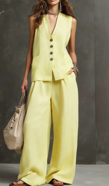Women's Linen Sleeveless Vest & Wide-Leg Pants Two-Piece Set FitiqueFit