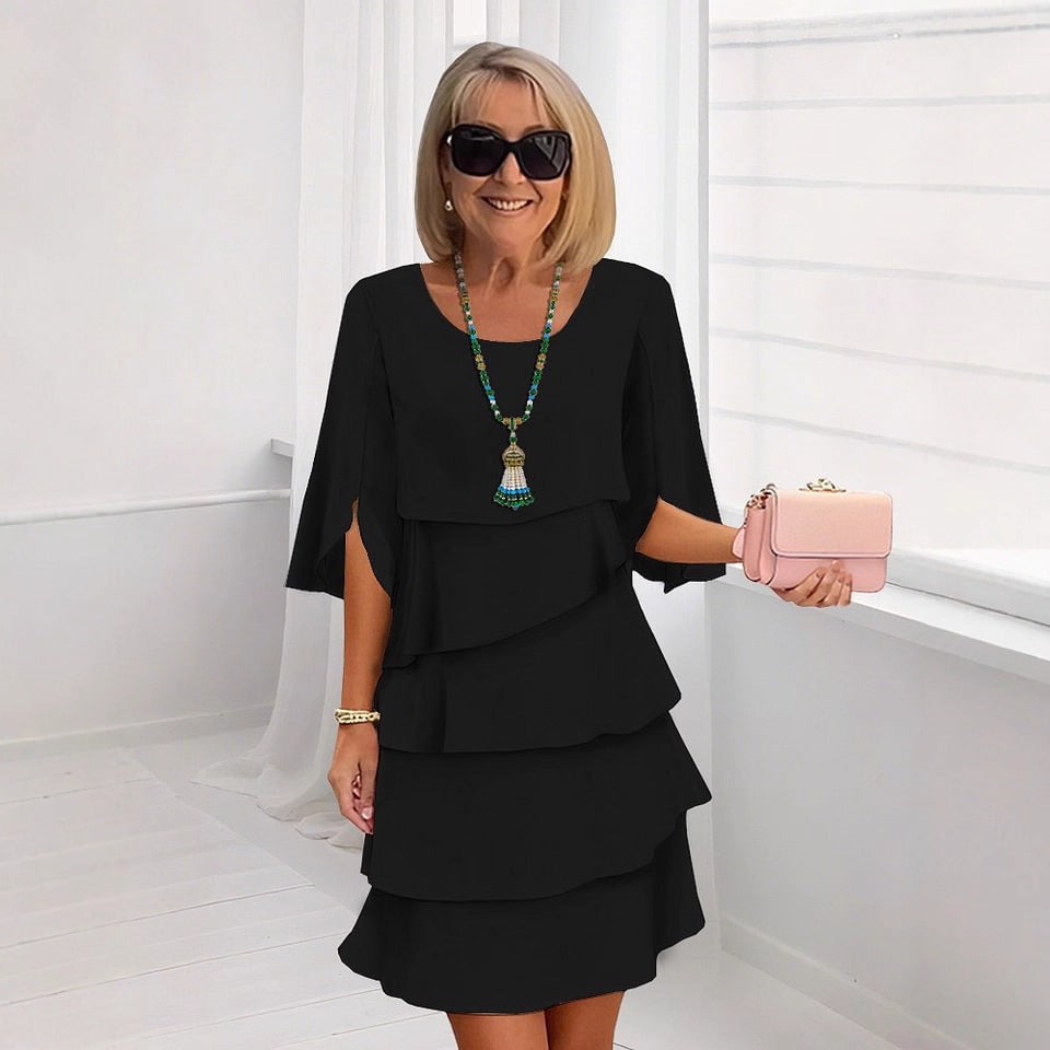 Patchwork Cake Midi Dress – Round Neck Short Sleeve Tiered Skirt FitiqueFit
