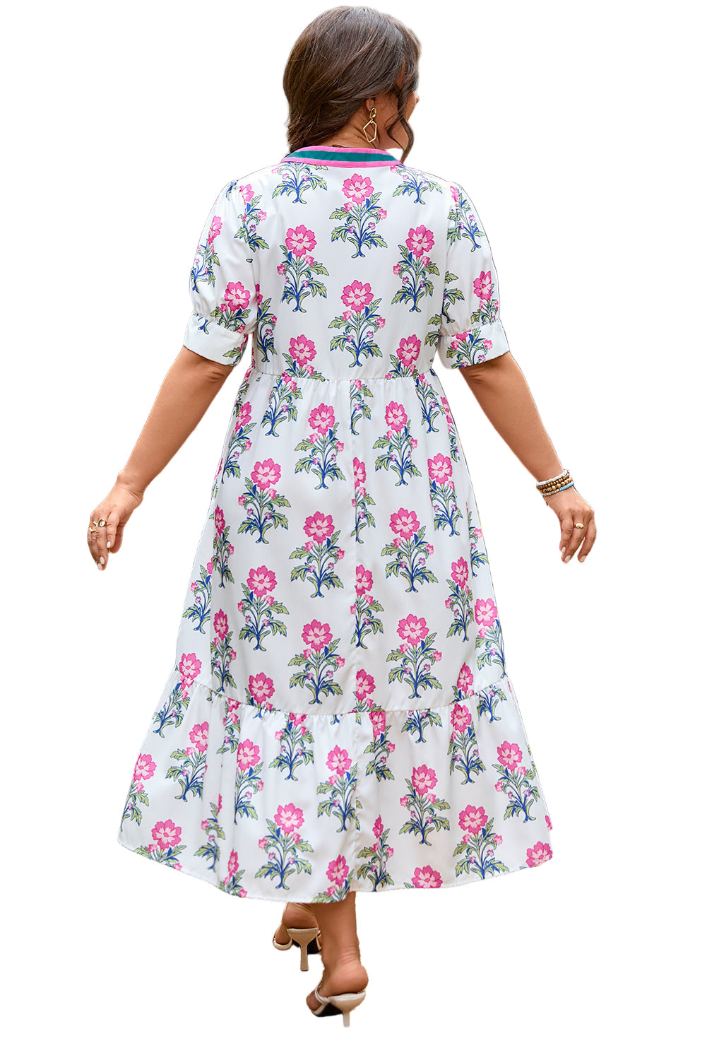 White Allover Print Contrast Split Neckline Short Puff Sleeve Curvy Dress Garden Naked Curves