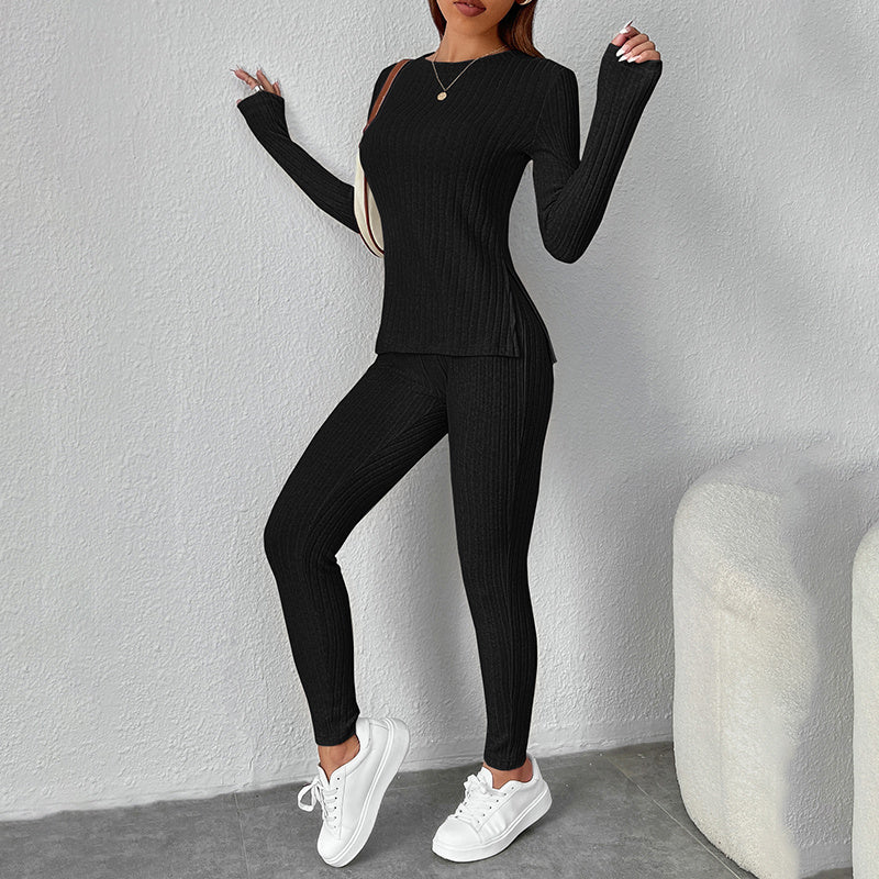 Women’s Ribbed Knit Long‑Sleeve Tee & Pants Lounge Set FitiqueFit