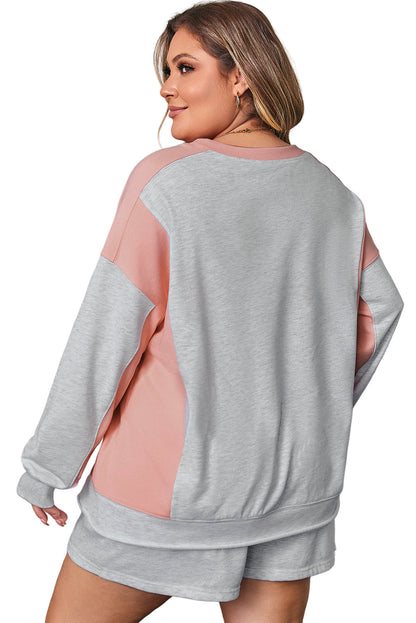 Light Grey Uneven Hem Colorblock Pullover Casual Shorts Plus Size 2pcs Outfit Garden Naked Curves