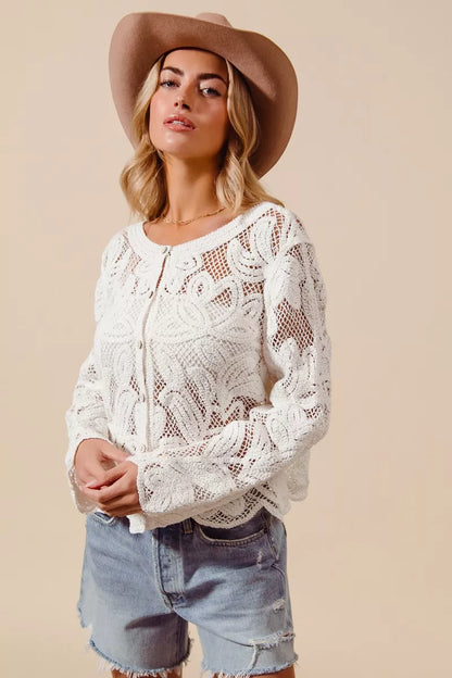 SO ME Button Front Floral Pattern Crochet Lace Cardigan New Era Fashion LLc