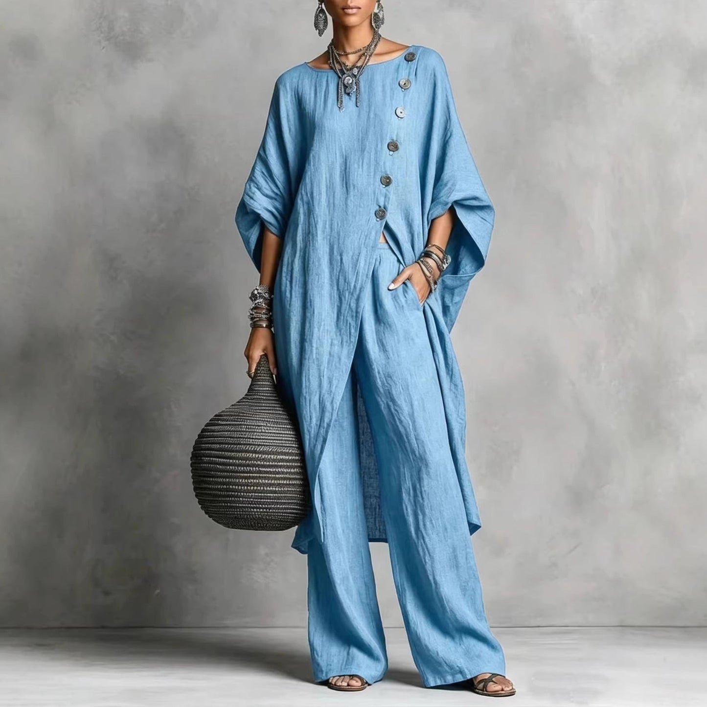 Women's Drop Shoulder Three-Quarter Sleeve Irregular Shirt & Pants Set FitiqueFit
