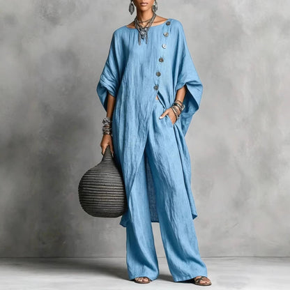 Women's Drop Shoulder Three-Quarter Sleeve Irregular Shirt & Pants Set FitiqueFit
