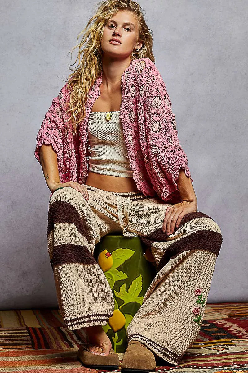 POL Openwork V-Neck Chenille Cardigan with Contrast Floral West2East Surf