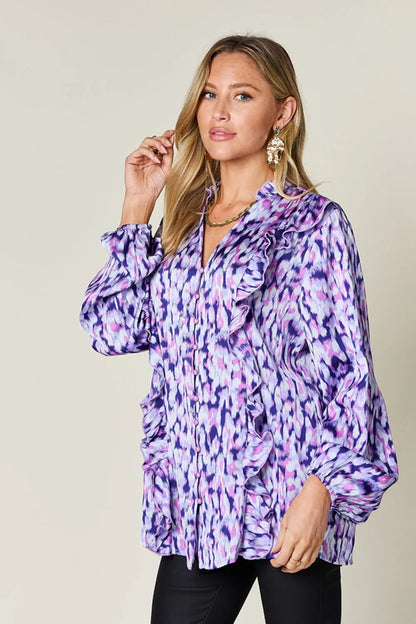 Double Take Full Size Printed Ruffle Trim Balloon Sleeve Shirt New Era Fashion LLc
