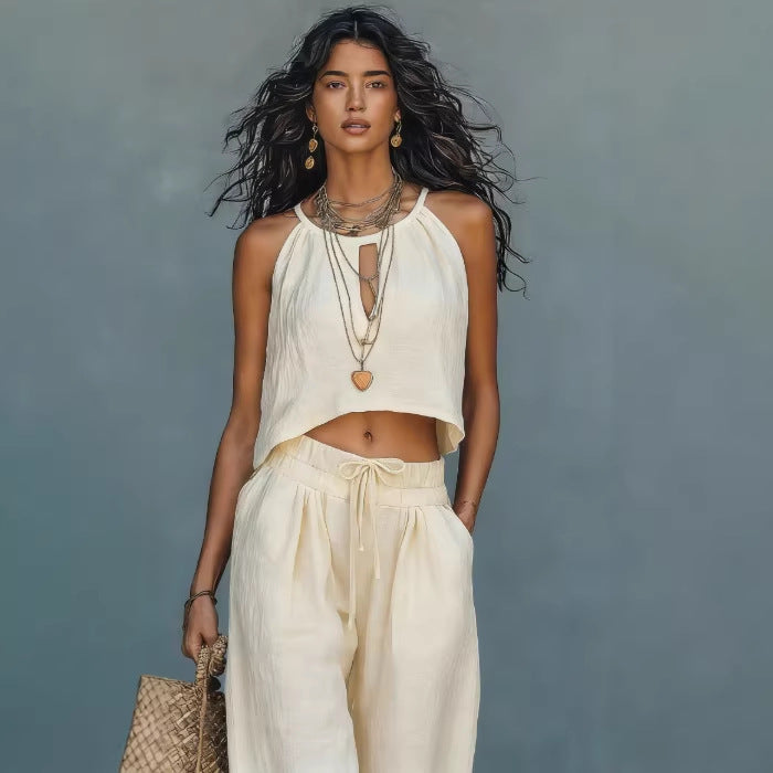 Women's Sleeveless Tank Top & Wide-Leg Pants Set – Linen Blend Summer Two-Piece FitiqueFit