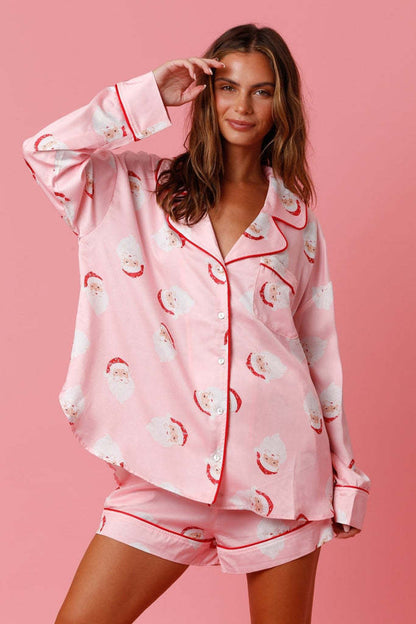 Women’s Satin Santa Claus Pajama Set | Christmas Print Two-Piece Loungewear FitiqueFit