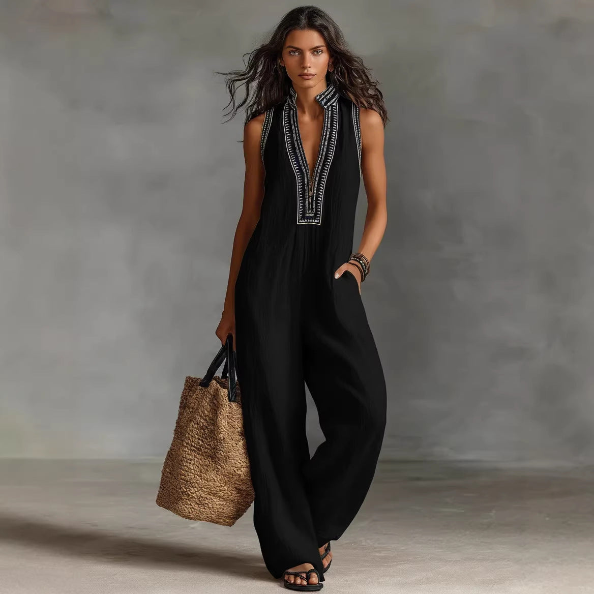 Women’s Simple Linen-Blend Sleeveless Jumpsuit FitiqueFit