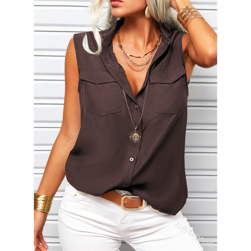 Women's Lapel Collar Sleeveless Top – Loose Fit, Pockets, Solid Color FitiqueFit