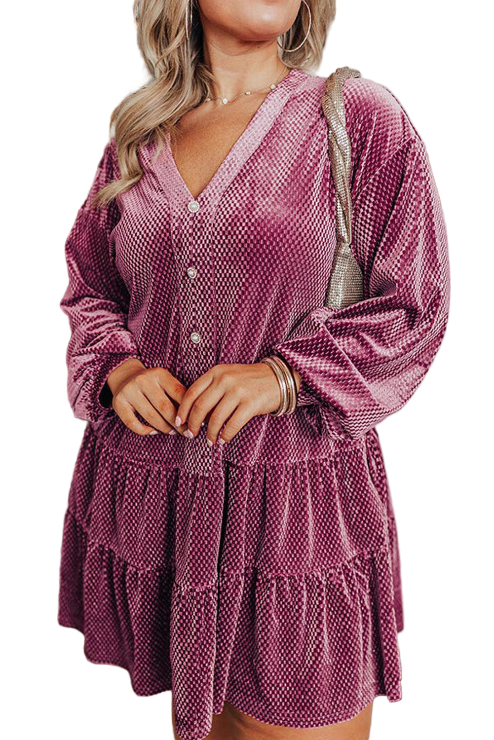 Meadow Mauve Plus Size Textured Velvet Tiered Buttons Tiered Dress Garden Naked Curves