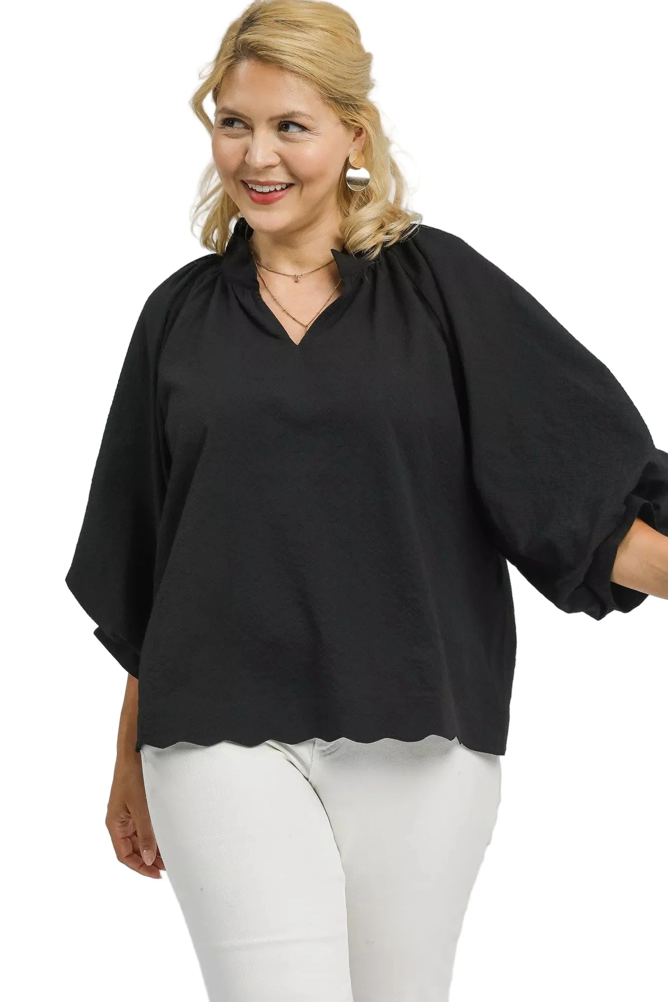 Umgee Full Size Textured Notched Balloon Sleeve Blouse Plus Size Garden Naked Curves
