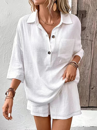 Women's Lapel Collar Double-Panel Shirt & Shorts Two-Piece Set FitiqueFit