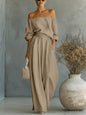 Women's Off-Shoulder Long-Sleeve Top & Wide-Leg Pants Two-Piece Set FitiqueFit