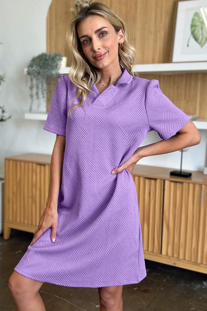 Double Take Full Size Texture Collared Neck Short Sleeve Dress West2East Surf