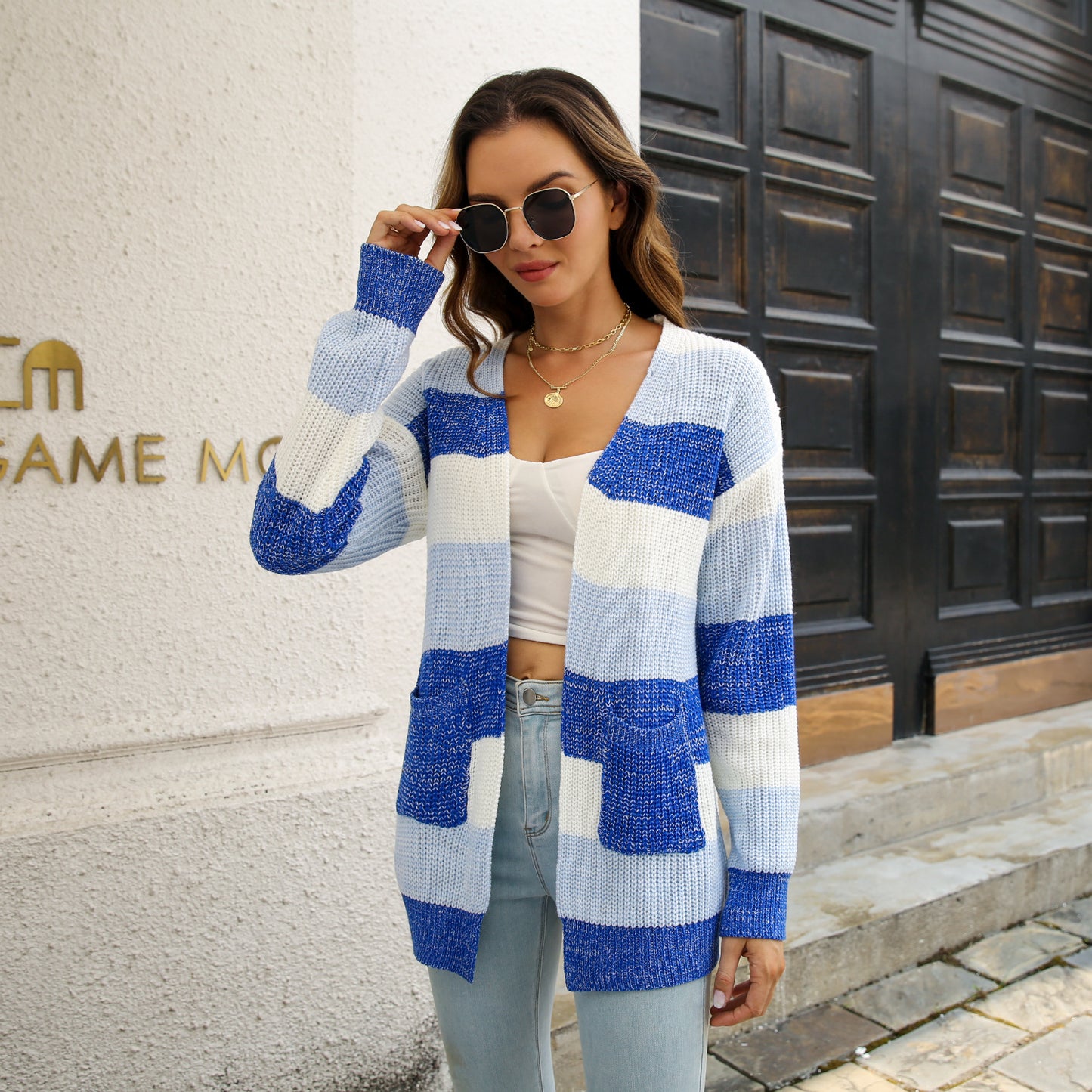 Striped Colorblock V-neck Cardigans, Casual Loose Drop Shoulder Long Sleeve Fall Winter Knit Cardigan, Women's Clothing NovaCart