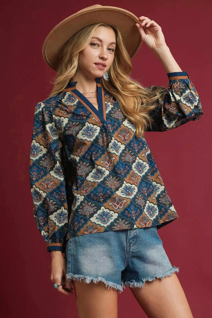 Umgee Abstract Print Ruffle Neck Top West2East Surf