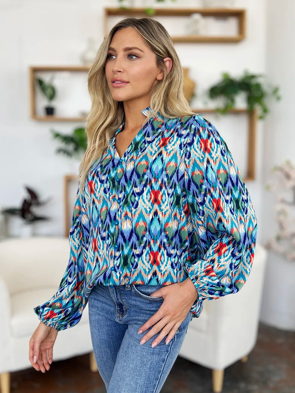 Double Take Full Size Printed Balloon Sleeve Blouse New Era Fashion LLc