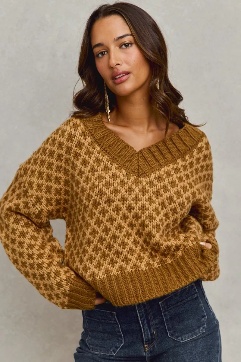 SO ME Color Block Textured Christmas Sweater V Neck Top West2East Surf