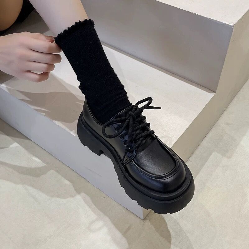 Women’s British Style Chunky Sole Leather Shoes – Trendy Loafers with Elevated Heel FitiqueFit