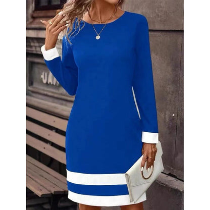 Fitted Color-Block Long-Sleeve Dress with Round Neckline FitiqueFit