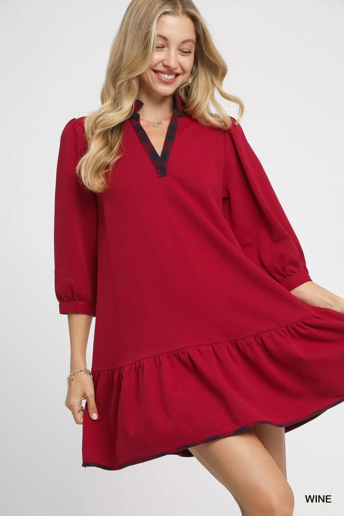 Umgee French Terry Ruffle Hem Dress with Plaid Trim West2East Surf