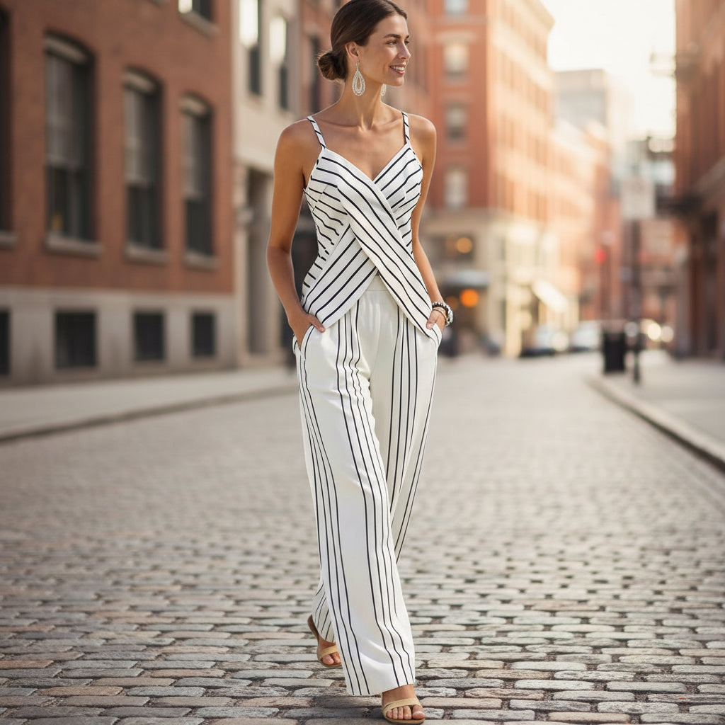 Women's Striped V-Neck Sleeveless Two-Piece Set FitiqueFit