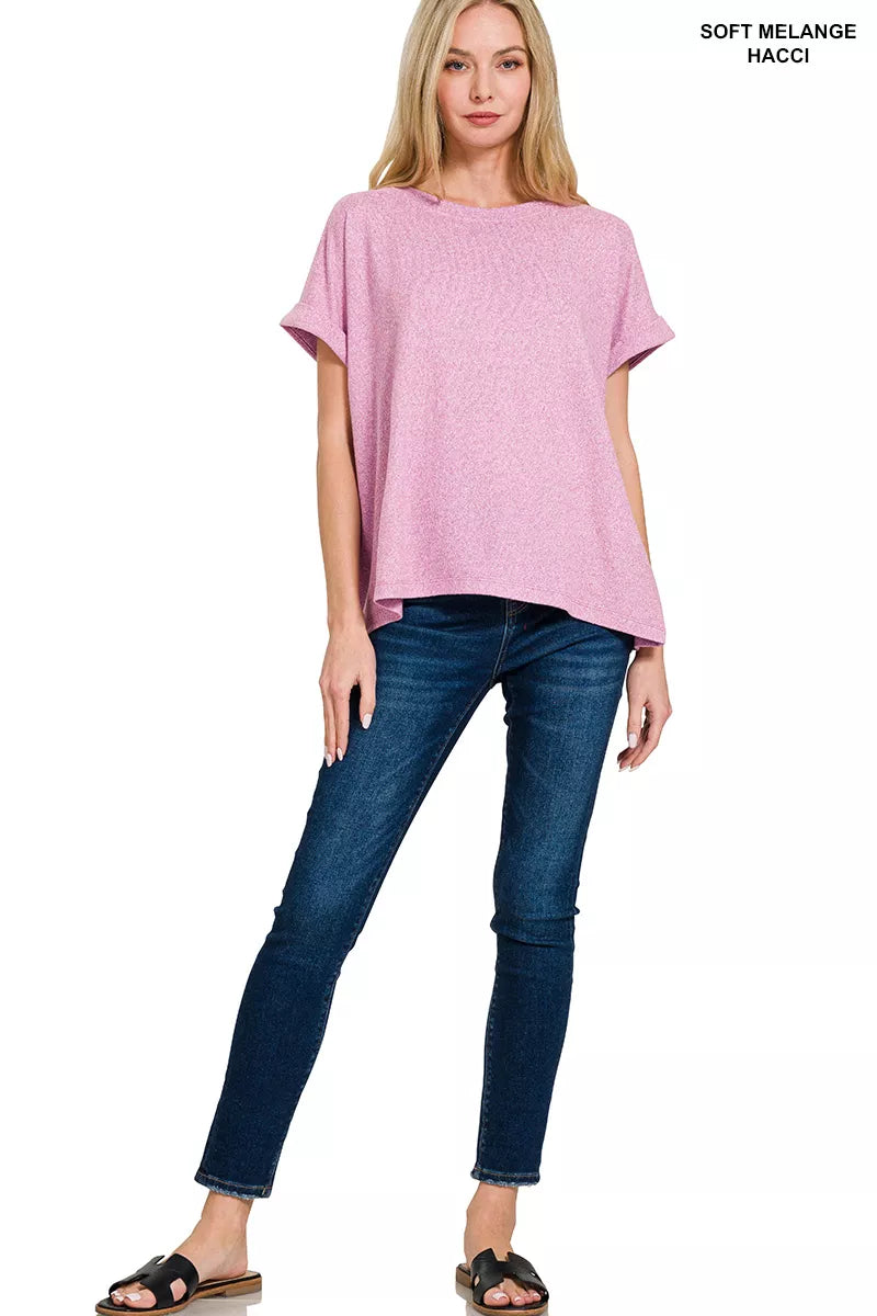Zenana Soft Melange Hacci Short Sleeve Round Neck Top Montret