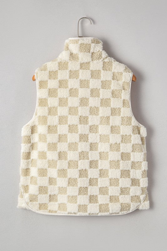Checker Sherpa Snap Button Vest Jacket With Pocket See size chart under “more details” The Fashion Celestial
