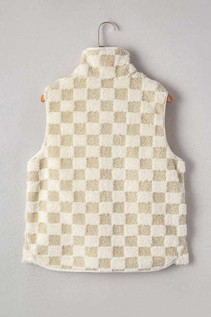 Checker Sherpa Snap Button Vest Jacket With Pocket See size chart under “more details” The Fashion Celestial