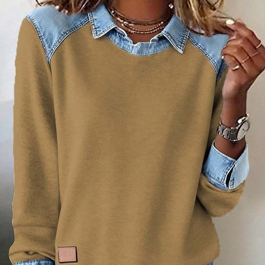 Denim Collar Patchwork Pullover Knitwear Top – Women’s Street Style FitiqueFit