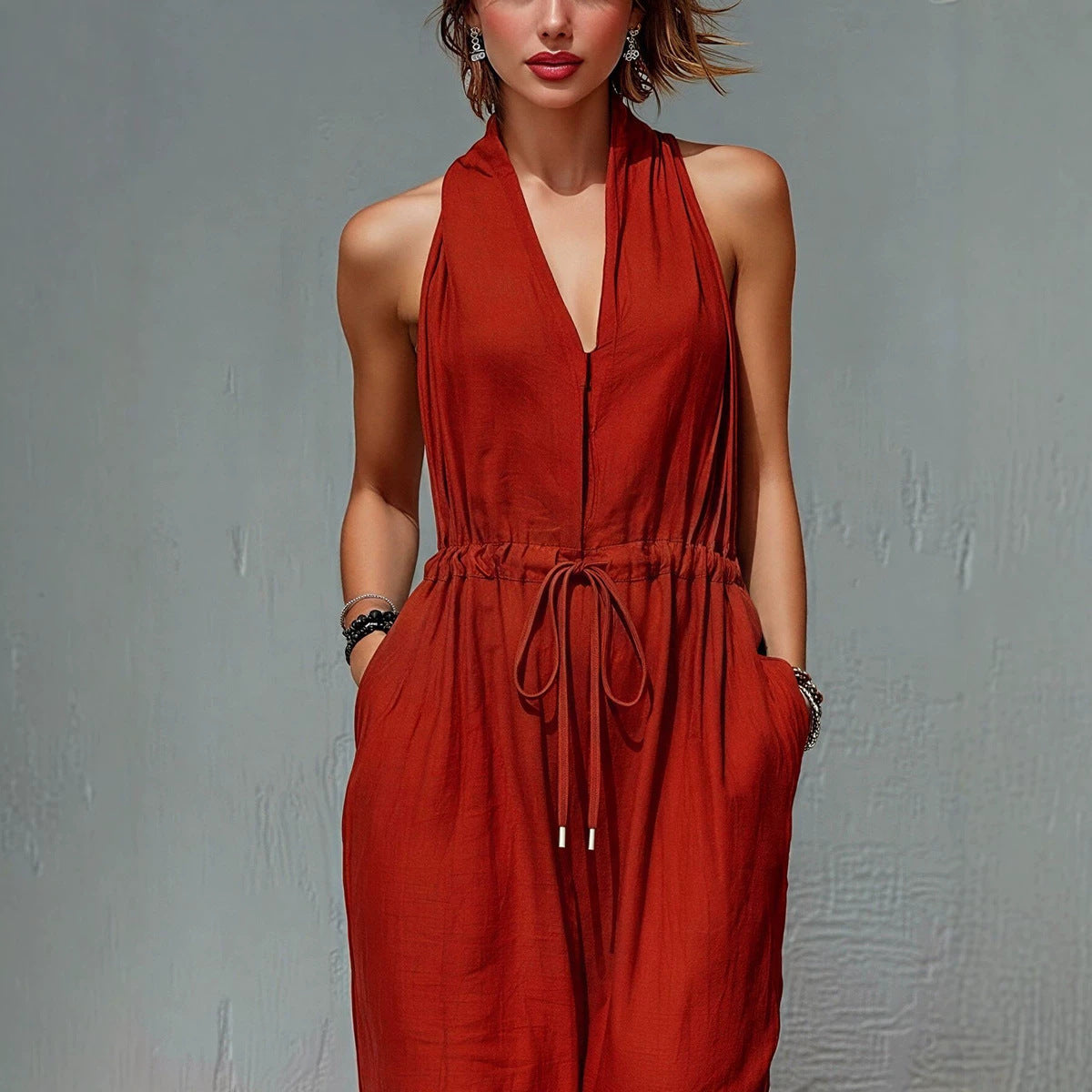 Women's Sleeveless Halter Neck Solid Color Long Jumpsuit FitiqueFit