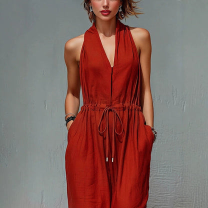 Women's Sleeveless Halter Neck Solid Color Long Jumpsuit FitiqueFit