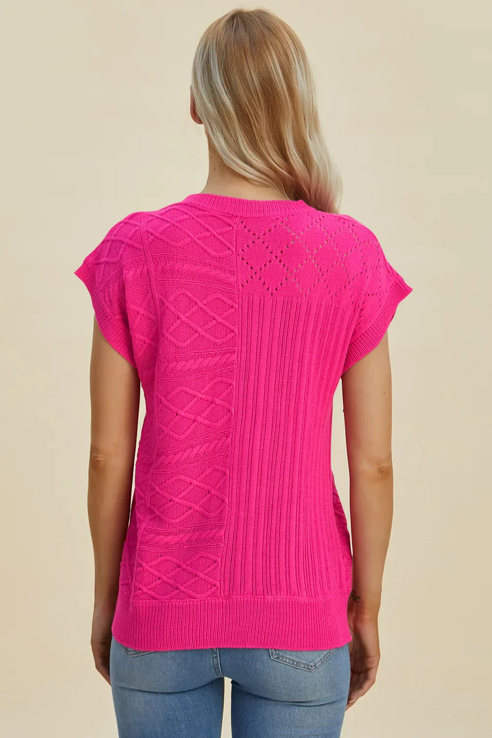 Double Take Full Size Cable-Knit Round Neck Cap Sleeve Sweater New Era Fashion LLc
