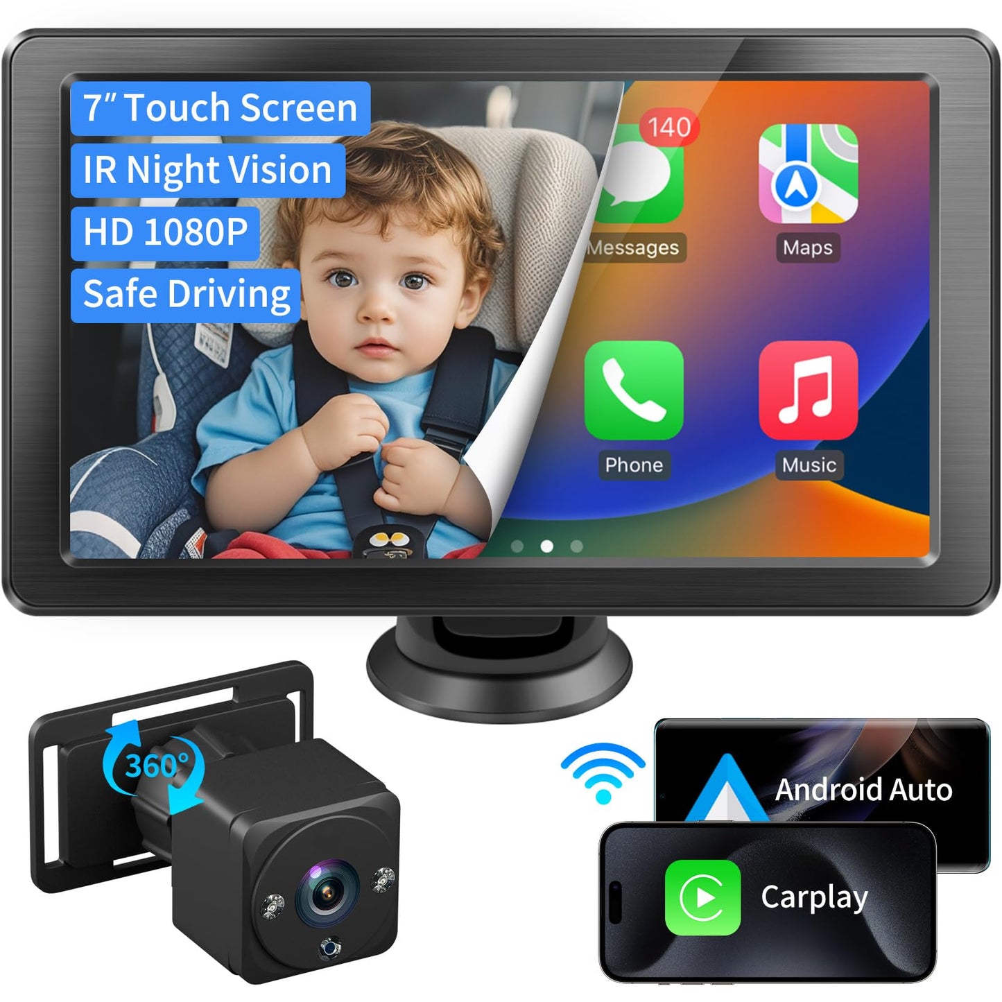 Faninso 7" HD Touchscreen Baby Car Camera - Car Baby Monitor 1080p Ultra Night Vision Invisible Infrared Lights 150° Wide Angle Compatible with Apple CarPlay Easy Installation Fits Most Cars New Era Fashion LLc