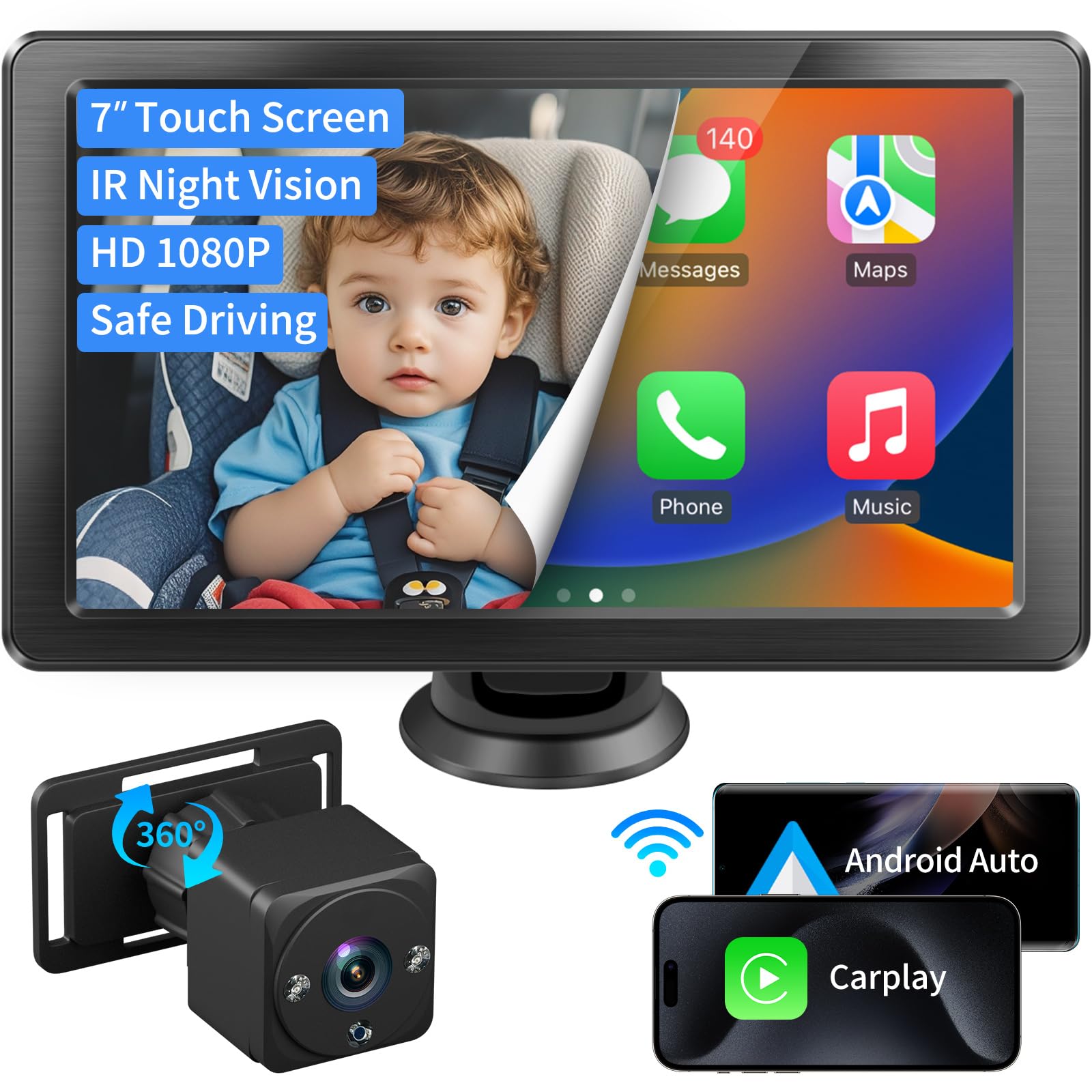 Faninso 7" HD Touchscreen Baby Car Camera - Car Baby Monitor 1080p Ultra Night Vision Invisible Infrared Lights 150° Wide Angle Compatible with Apple CarPlay Easy Installation Fits Most Cars New Era Fashion LLc