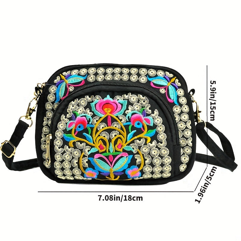 Vibrant Floral Embroidered Crossbody Bag for Women - Lightweight, Double-Sided Design with Detachable Strap, Zipper Closure, and Phone Pocket - Perfect for Casual Outings, Travel Accessory | Vibrant Pattern Bag | Coin Purse NovaCart